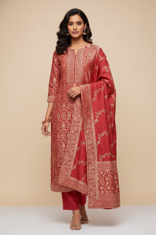 Gajari Pashmina Unstitched Salwar Suit With Pashmina Dupatta