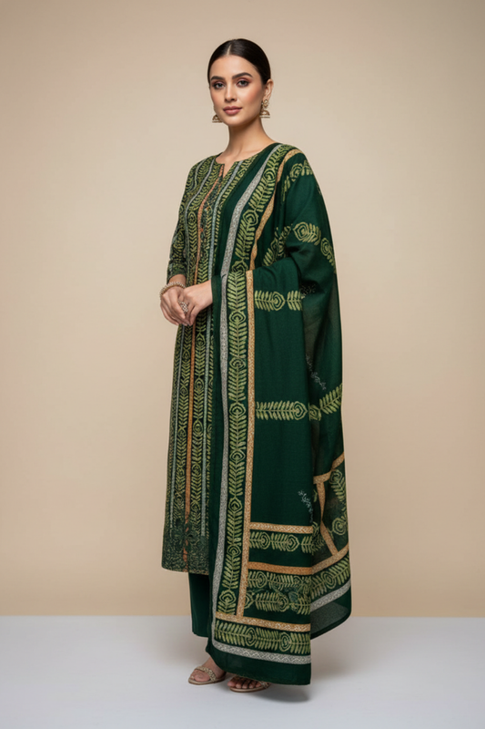 Bottle Green Pashmina Unstitched Salwar Suit With Pashmina Dupatta