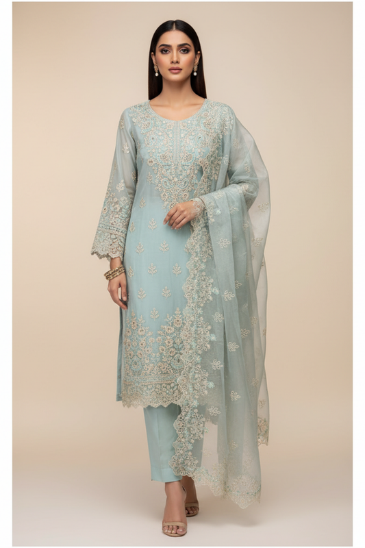 Tea Green Organza Unstitched Salwar Suit With Organza Dupatta