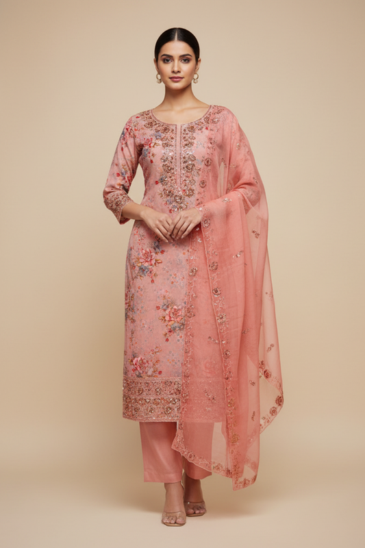 Peach Georgette Unstitched Salwar Suit With Chiffon Dupatta