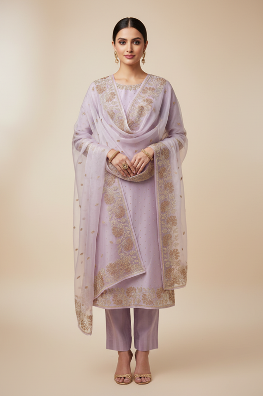 Mauve Organza Unstitched Salwar Suit With Organza Dupatta