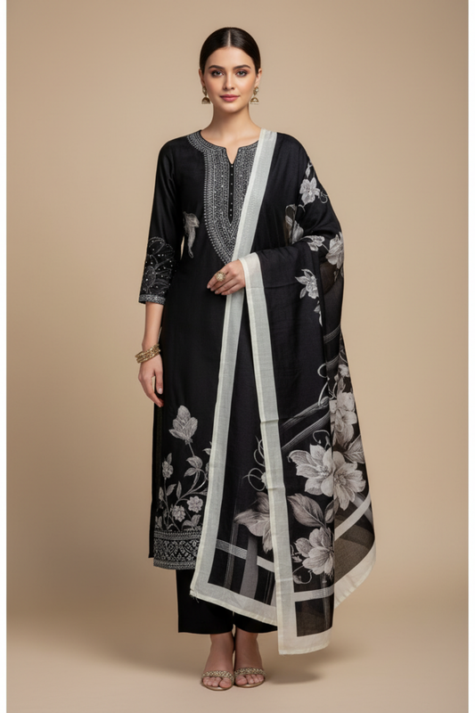 Black Crepe Unstitched Salwar Suit With Cotton Dupatta
