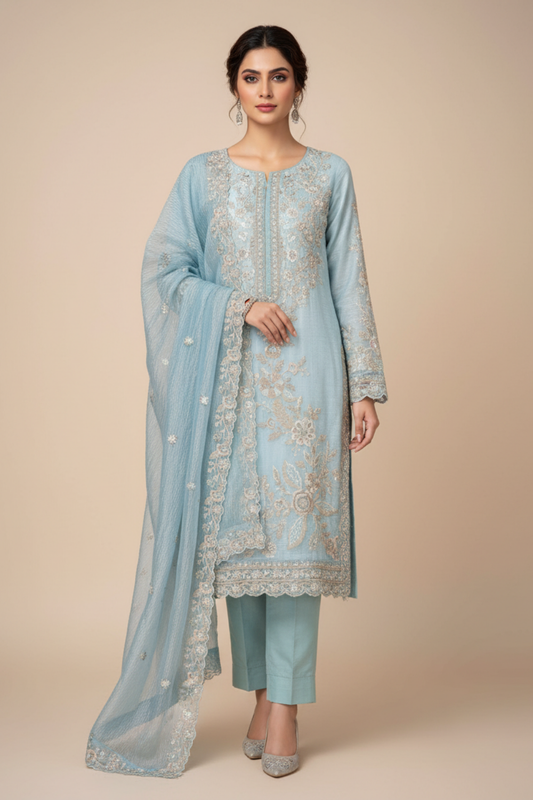 Sky Blue Organza Unstitched Salwar Suit With Organza Dupatta