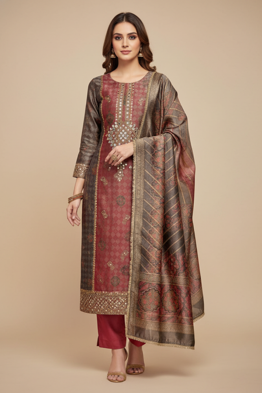 Gajari Organza Unstitched Salwar Suit With Organza Dupatta