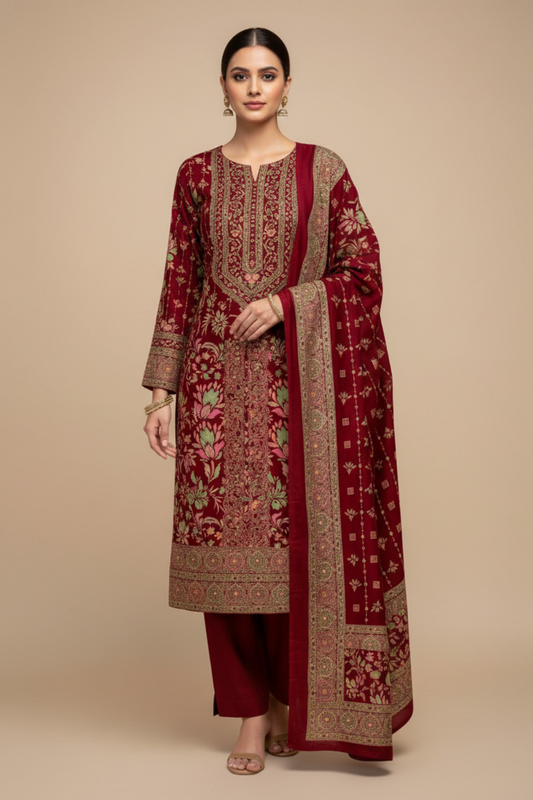 Maroon Pashmina Unstitched Salwar Suit With Cotton Dupatta