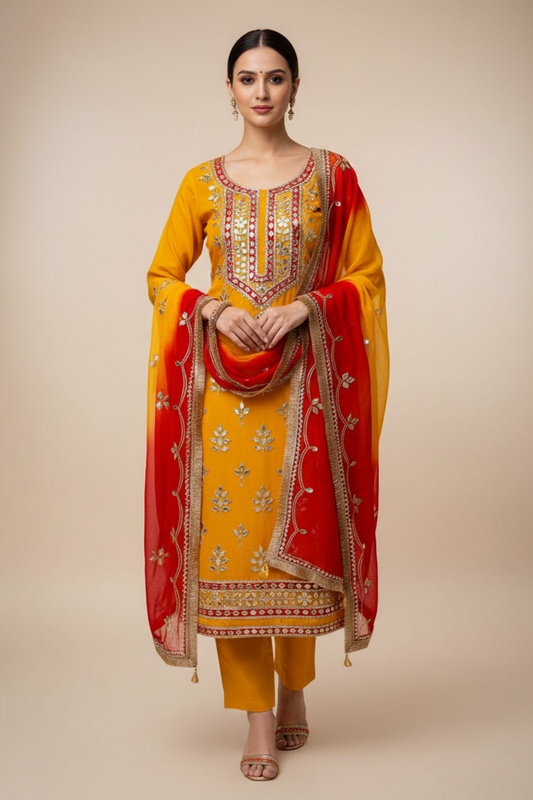 Mustard Crepe Unstitched Salwar Suit With Chiffon Dupatta
