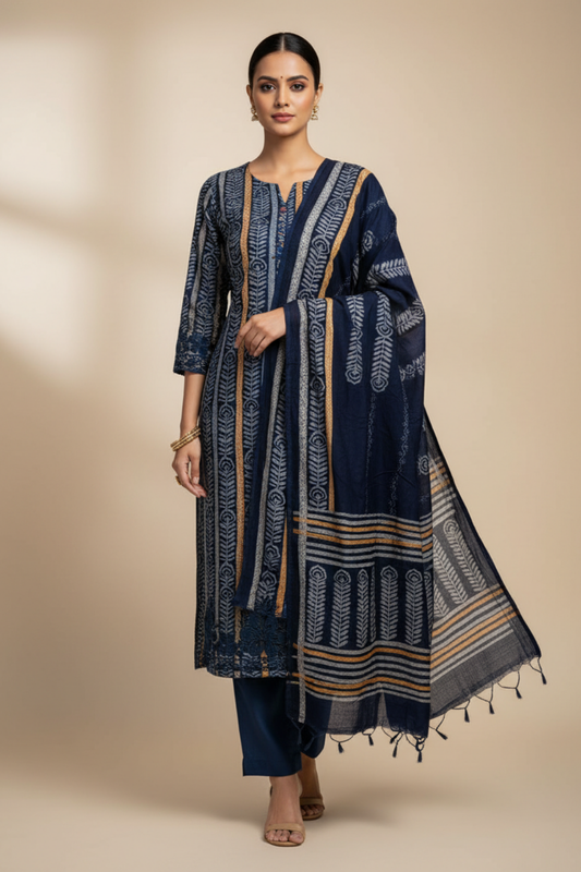 Navy Blue Pashmina Unstitched Salwar Suit With Pashmina Dupatta