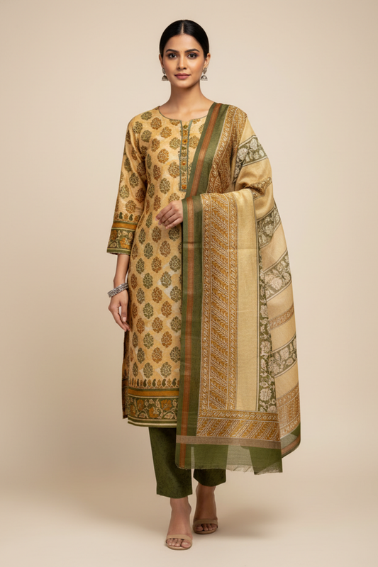 Tussar Mehendi Cotton Unstitched Salwar Suit With Cotton Dupatta