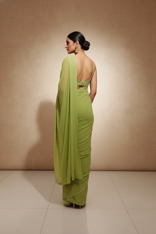 Pista Pre-Draped Designer Saree With Readymade Blouse