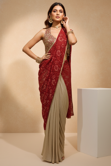 Tussar Maroon Lycra Pre-Draped Designer Saree With Readymade Blouse