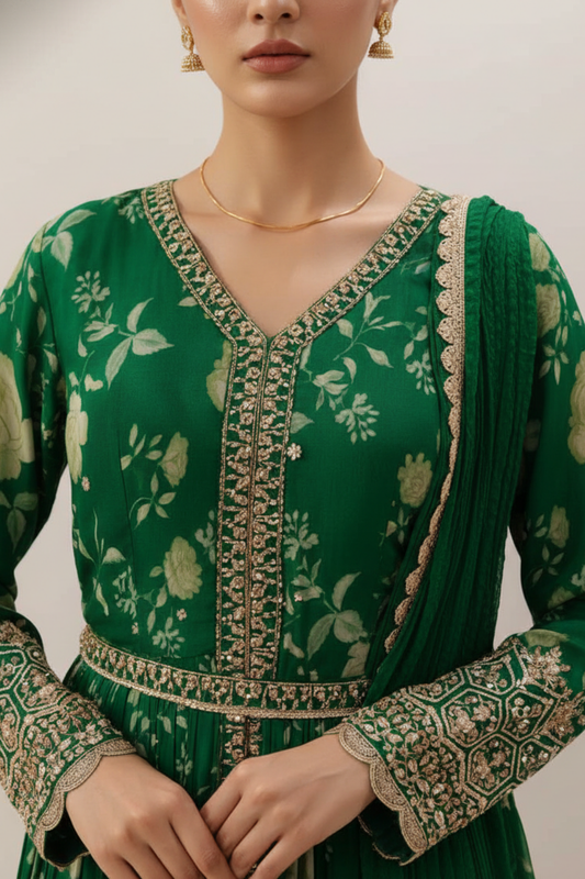 Emrl Green Crepe Floor Length Readymade Suit And Pant With Chinon Dupatta