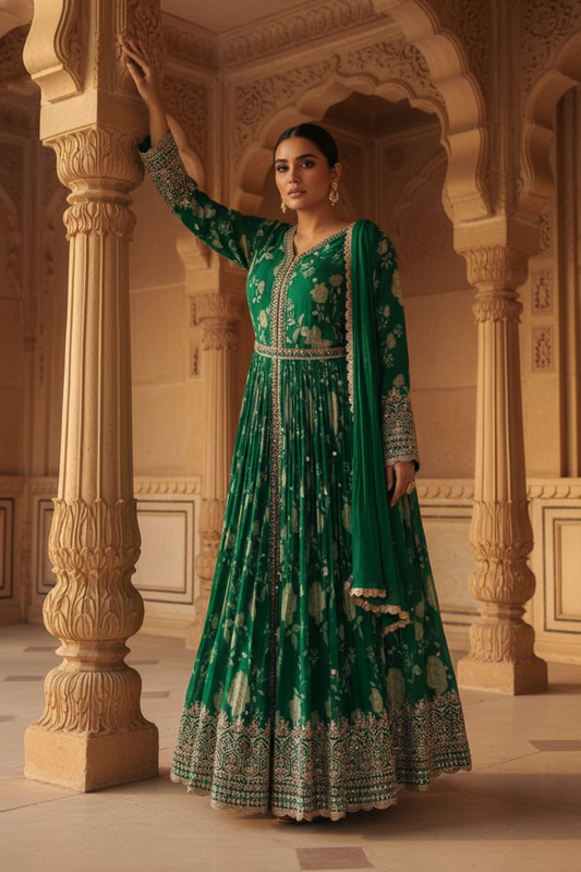 Emrl Green Crepe Floor Length Readymade Suit And Pant With Chinon Dupatta