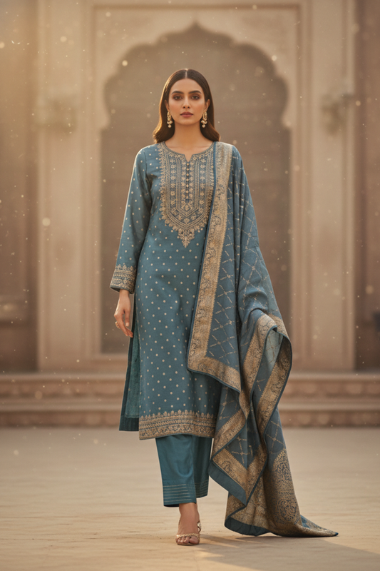 Sky Blue Dola Readymade Suit And Pant With Organza Dupatta