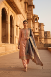 Peach Dola Readymade Suit And Pant With Organza Dupatta