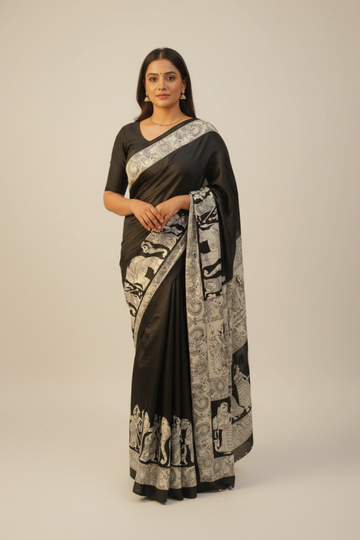 Black Satin Digital Printed Saree With Unstitched Blouse