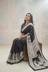 Black Satin Digital Printed Saree With Unstitched Blouse