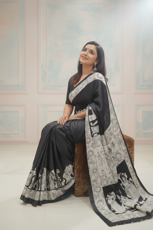 Black Satin Digital Printed Saree With Unstitched Blouse
