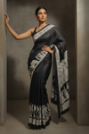 Black Satin Digital Printed Saree With Unstitched Blouse