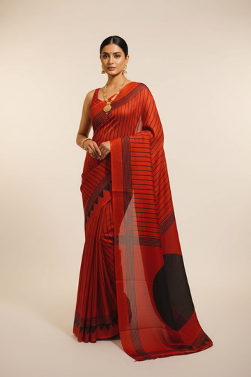 Maroon Satin Digital Printed Saree With Unstitched Blouse