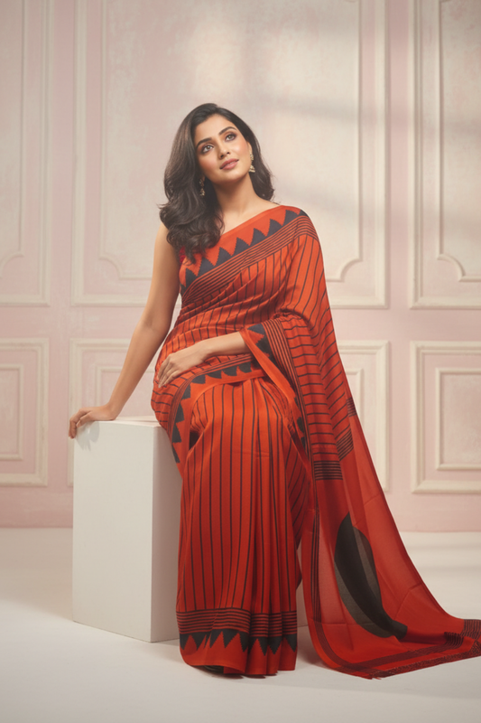 Maroon Satin Digital Printed Saree With Unstitched Blouse