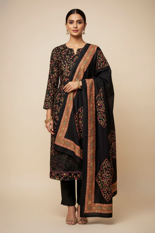 Black Pashmina Unstitched Salwar Suit With Pashmina Dupatta