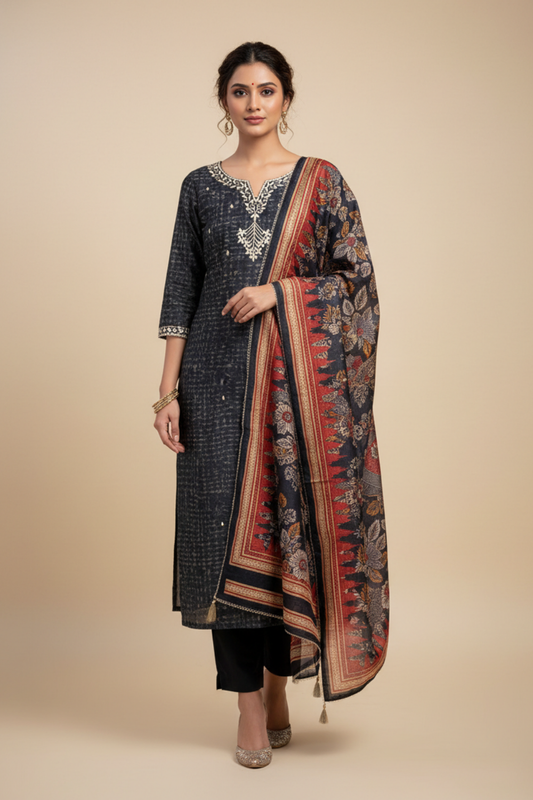 Black Cotton Unstitched Salwar Suit With Cotton Dupatta