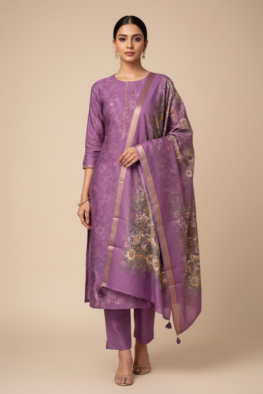 Mauve Cotton Unstitched Salwar Suit With Cotton Dupatta