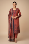 Maroon Pashmina Unstitched Salwar Suit With Pashmina Dupatta