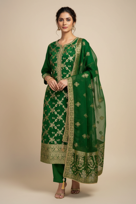 Bottle Green Dola Unstitched Salwar Suit With Organza Dupatta
