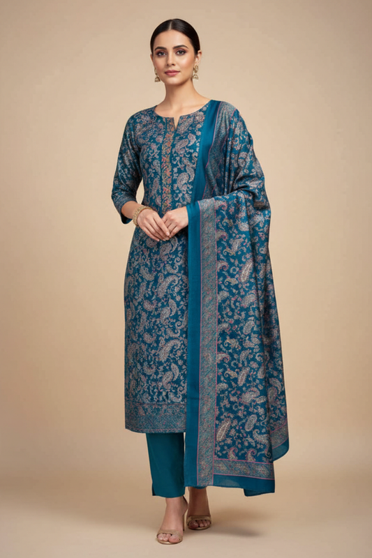 Blue Pashmina Unstiched Salwar Suit With Pashmina Dupatta