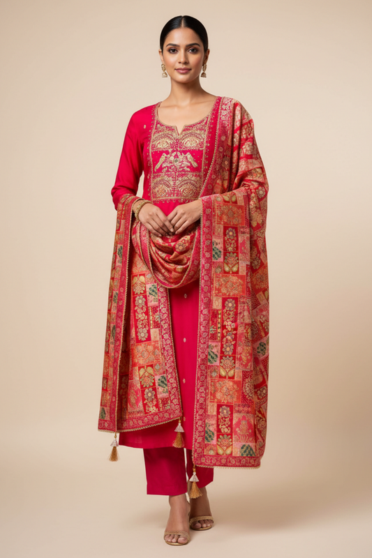 Rani Cotton Unstitched Salwar Suit With Dola Silk Dupatta