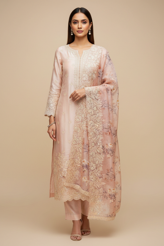 Tussar Organza Unstitched Salwar Suit With Organza Dupatta