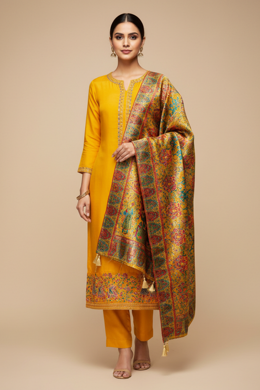 Mustard Organza Unstitched Salwar Suit With Dola Silk Dupatta