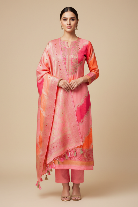 Gajari Banarasi Silk Unstitched Salwar Suit With Silk Dupatta
