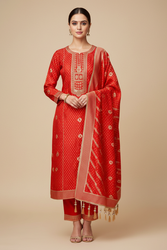 Red Crepe Unstitched Salwar Suit With Dola Silk Dupatta