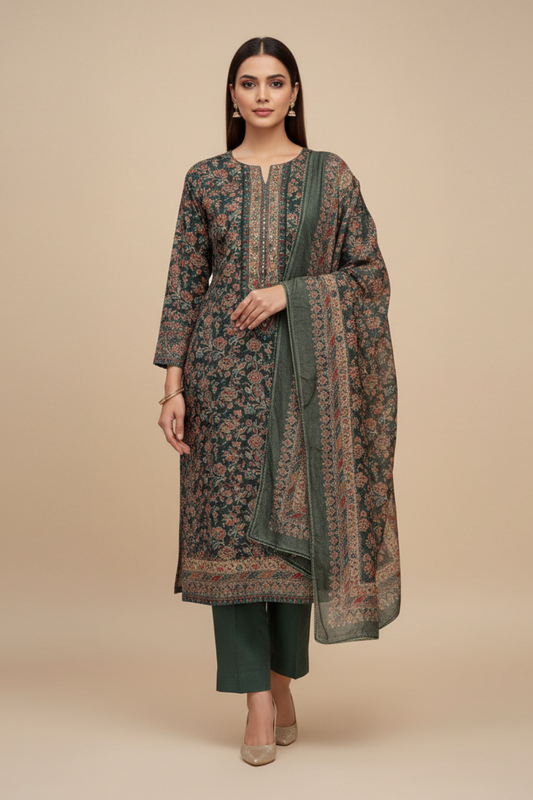 Mehndi Pashmina Unstitched Salwar Suit With Pashmina Dupatta