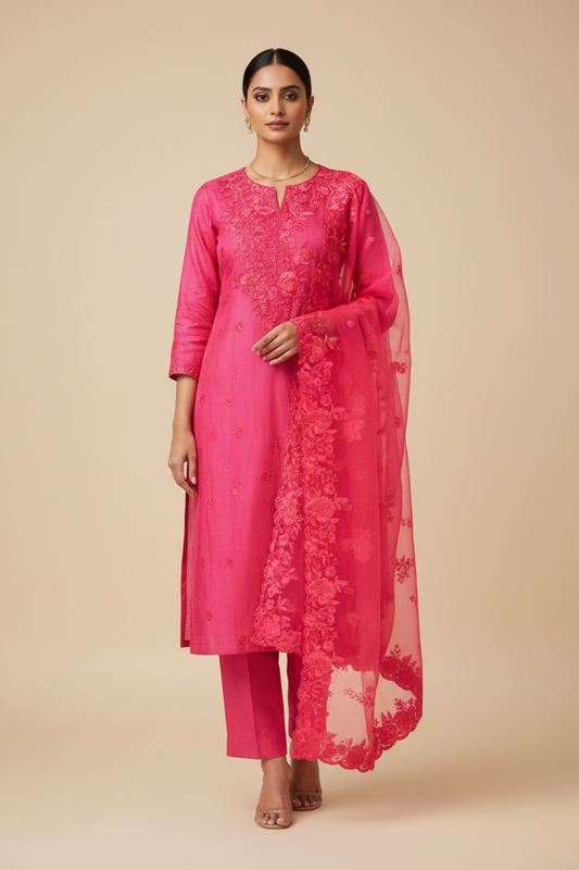 Rani Organza Unstitched Salwar Suit With Chiffon Dupatta