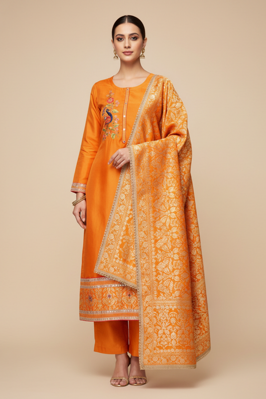 Orange Crepe Tissue Unstitched Salwar Suit With Tissue Dupatta