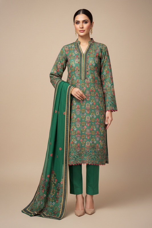 Mint Green Pashmina Unstitched Salwar Suit With Pashmina Dupatta