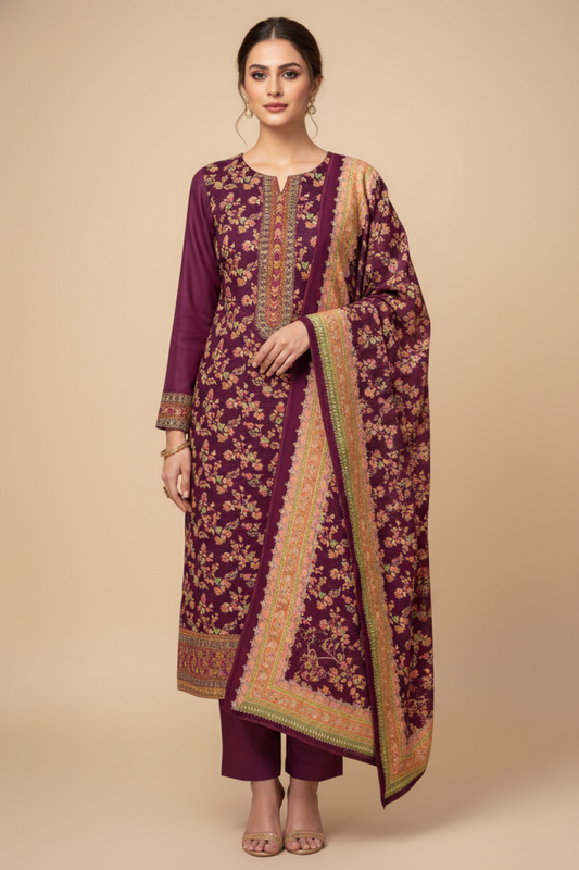 Garnet Pashmina Unstitched Salwar Suit With Pashmina Dupatta