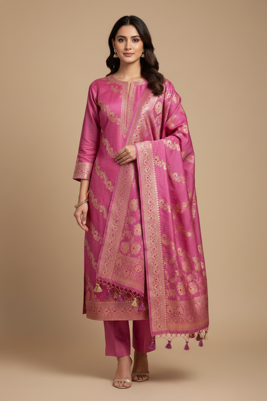 Mauve Banarasi Silk Unstitched Salwar Suit With Silk Dupatta