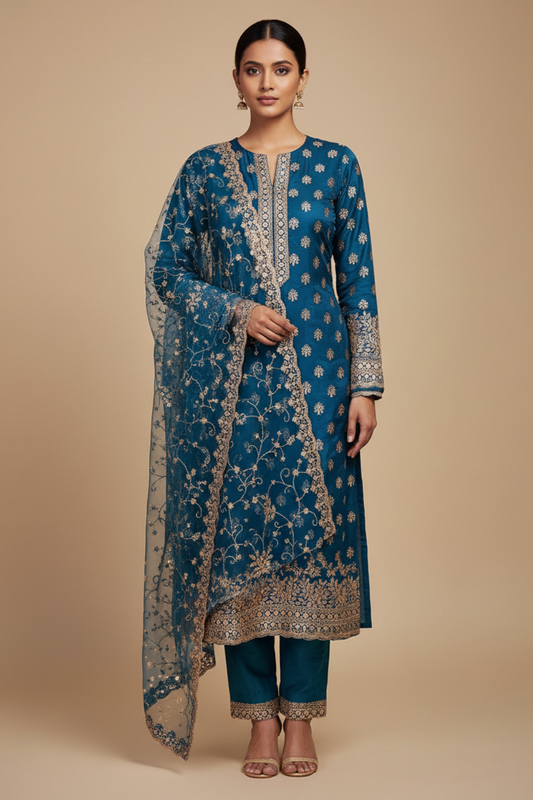 Peacock Organza Unstitched Salwar Suit With Chiffon Dupatta
