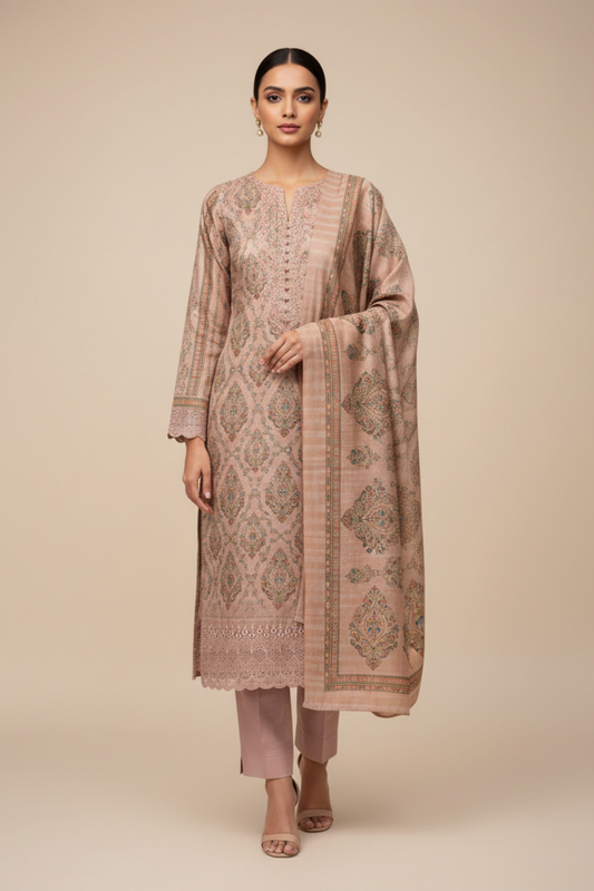 Peach Cotton Unstitched Salwar Suit With Cotton Dupatta