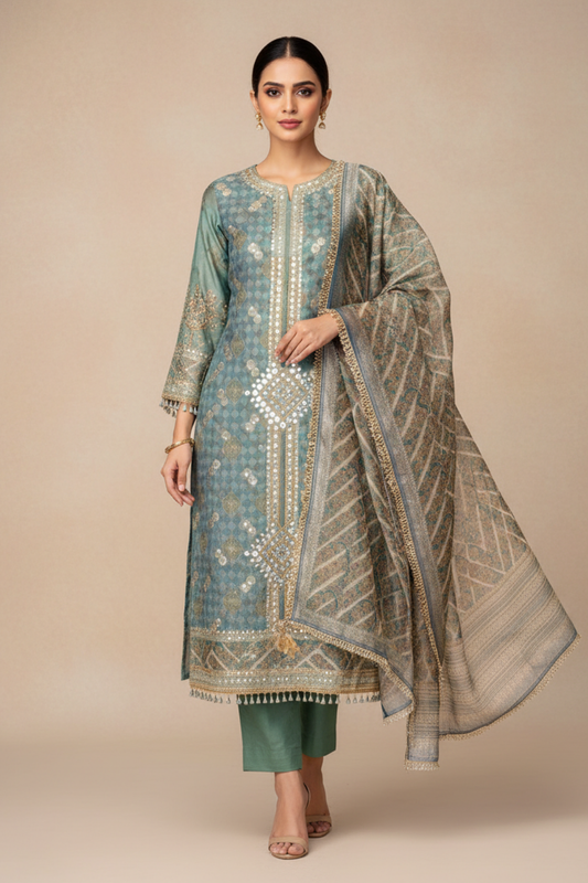 Bluish Grey Organza Unstitched Salwar Suit With Organza Dupatta