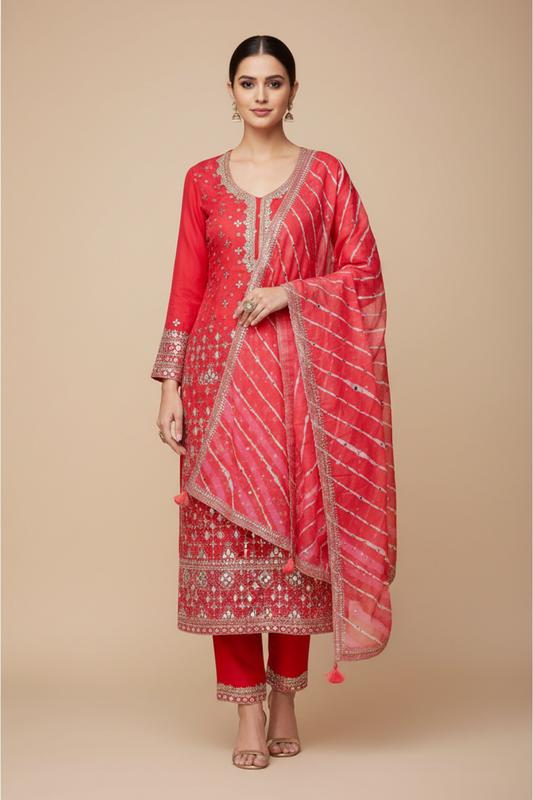 Red Georgette Unstitched Salwar Suit With Organza Dupatta