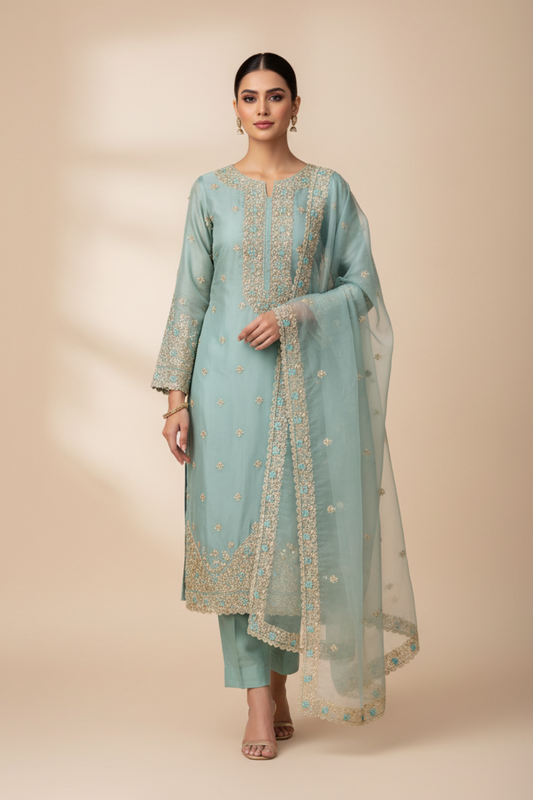 Tea Green Organza Unstitched Salwar Suit With Organza Dupatta