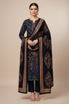 Navy Blue Pashmina Unstitched Salwar Suit With Pashmina Dupatta