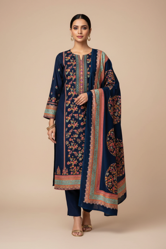 Navy Blue Pashmina Unstitched Salwar Suit With Pashmina Dupatta