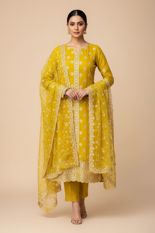 Pista Organza Unstitched Salwar Suit With Chiffon Dupatta
