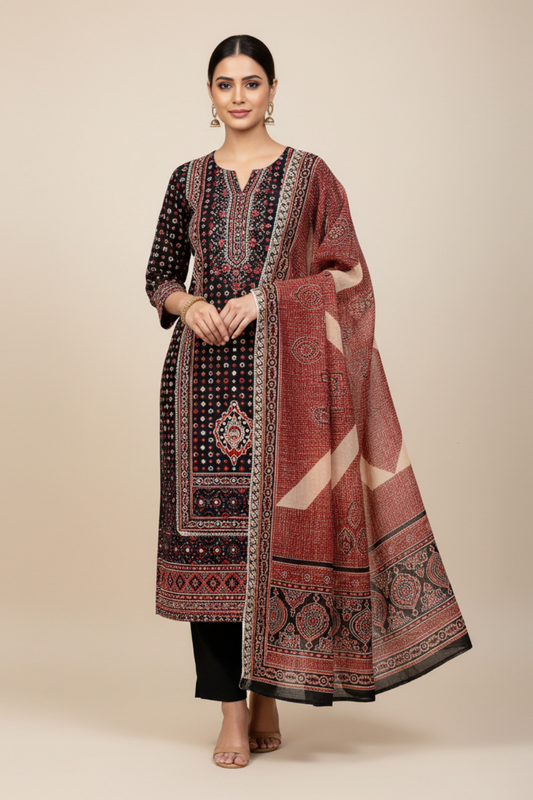Black Cotton Unstitched Salwar Suit With Cotton Dupatta